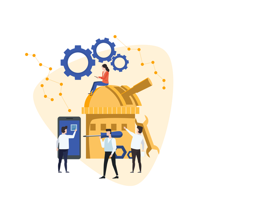 The ultimate skill building experience - Yellow and blue drawing with people in technical working