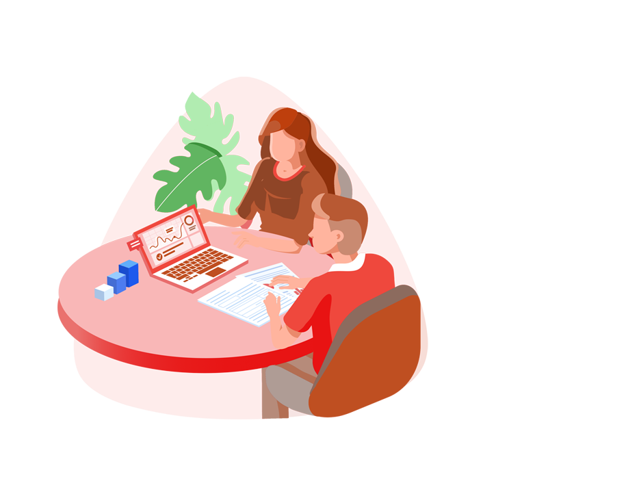 We’re here to help you identify and focus on skills that your workforce need the most - Red illustration with people working on a desk